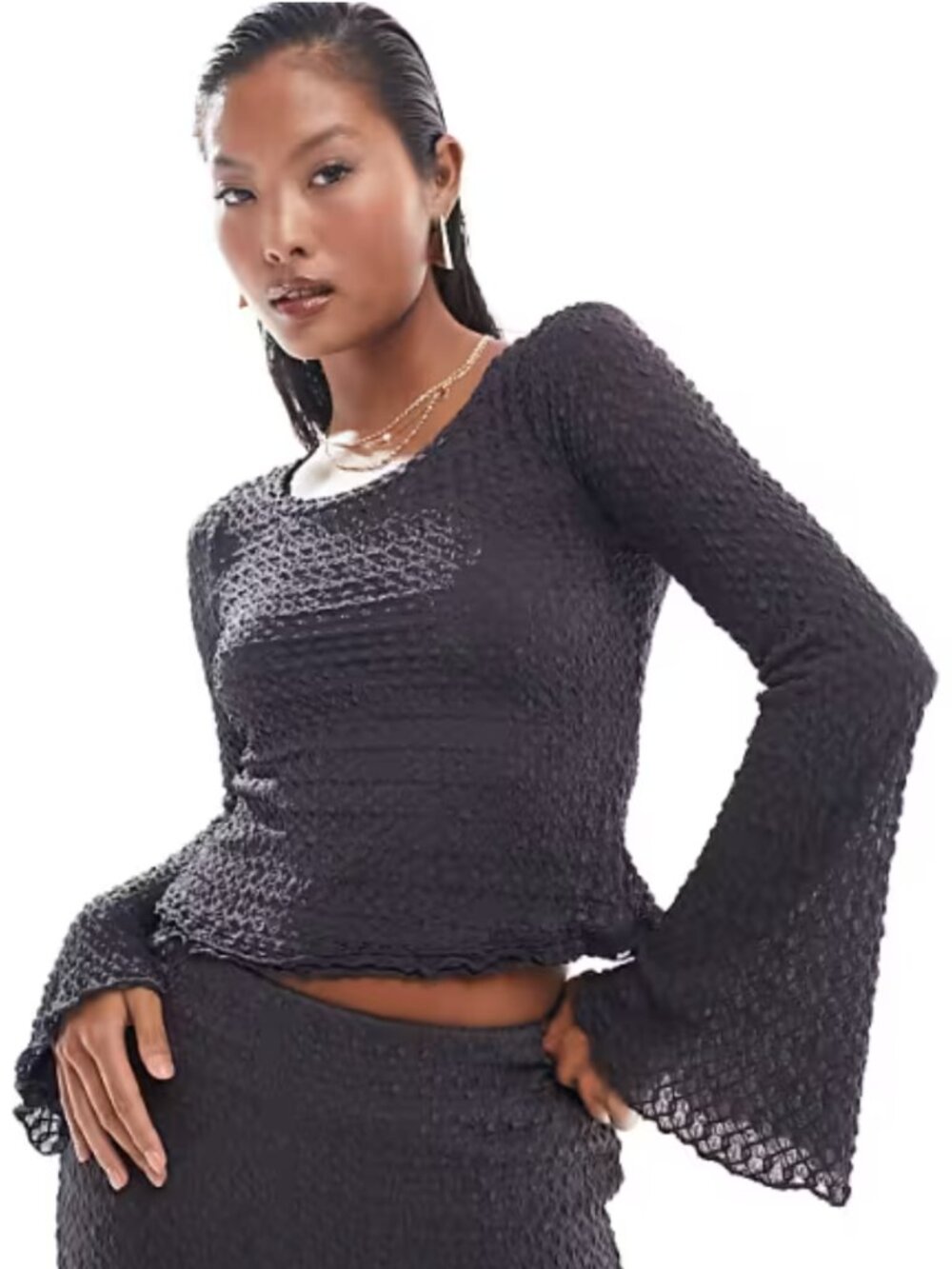 Vero Moda Textured Flared Sleeve Top Asphalt Grey Whimsy Goth Boho Indie Size XS